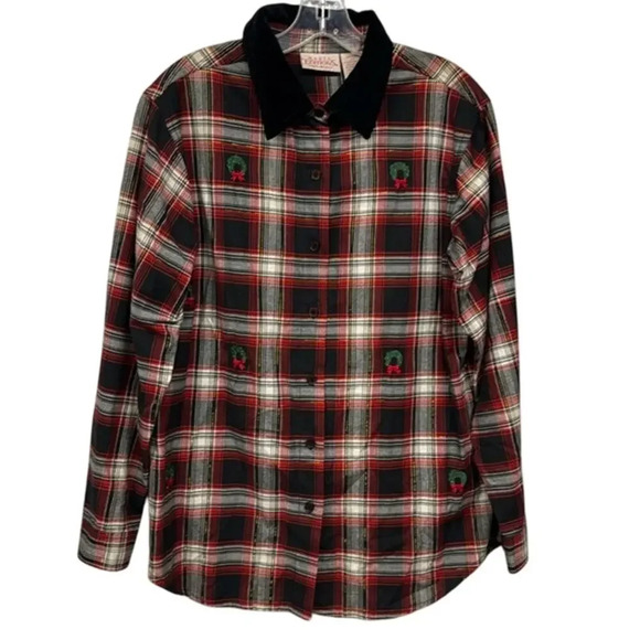 Vintage Basic Editions Plaid Ugly Christmas Wreath Button Up Top Size Large (L) - Picture 1 of 5